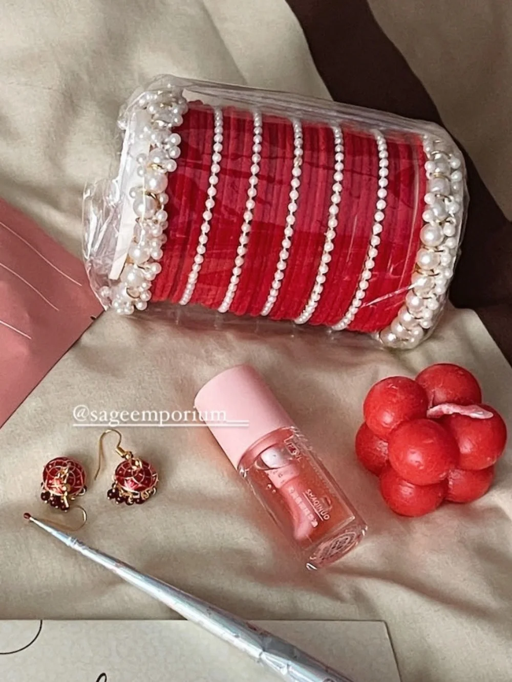 PAKISTANI DESIGNER BANGLES SET Pearl Trim RED GORGEOUS VELVET GLASS GAJRAS
